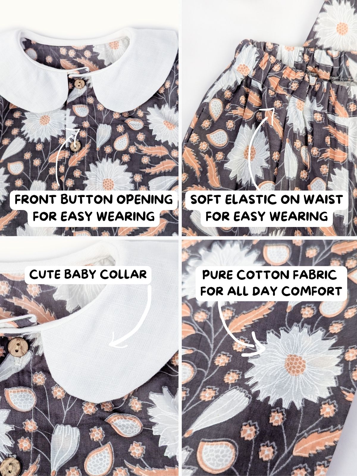 Grey Floral Petal Collared Comfy Set