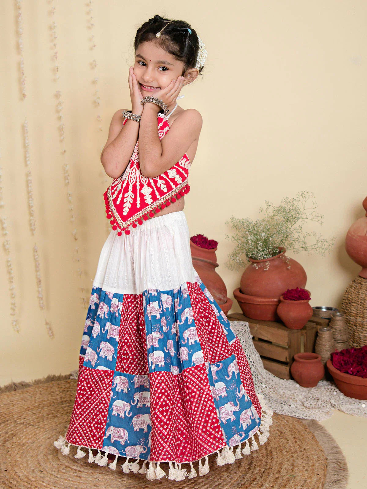 Red Elephant Checkered Wedding Lehenga Choli for Girls