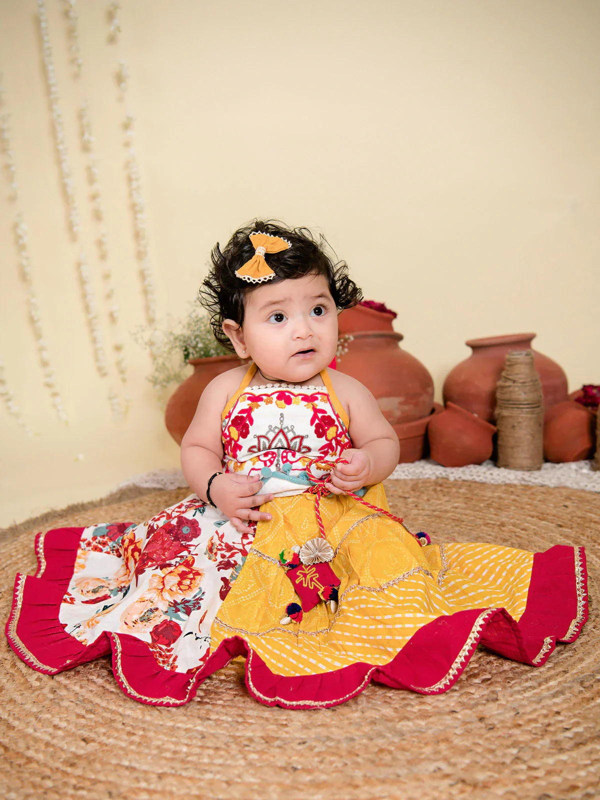 Red Floral Bandhani Flaired Lehenga Choli for Little Girls