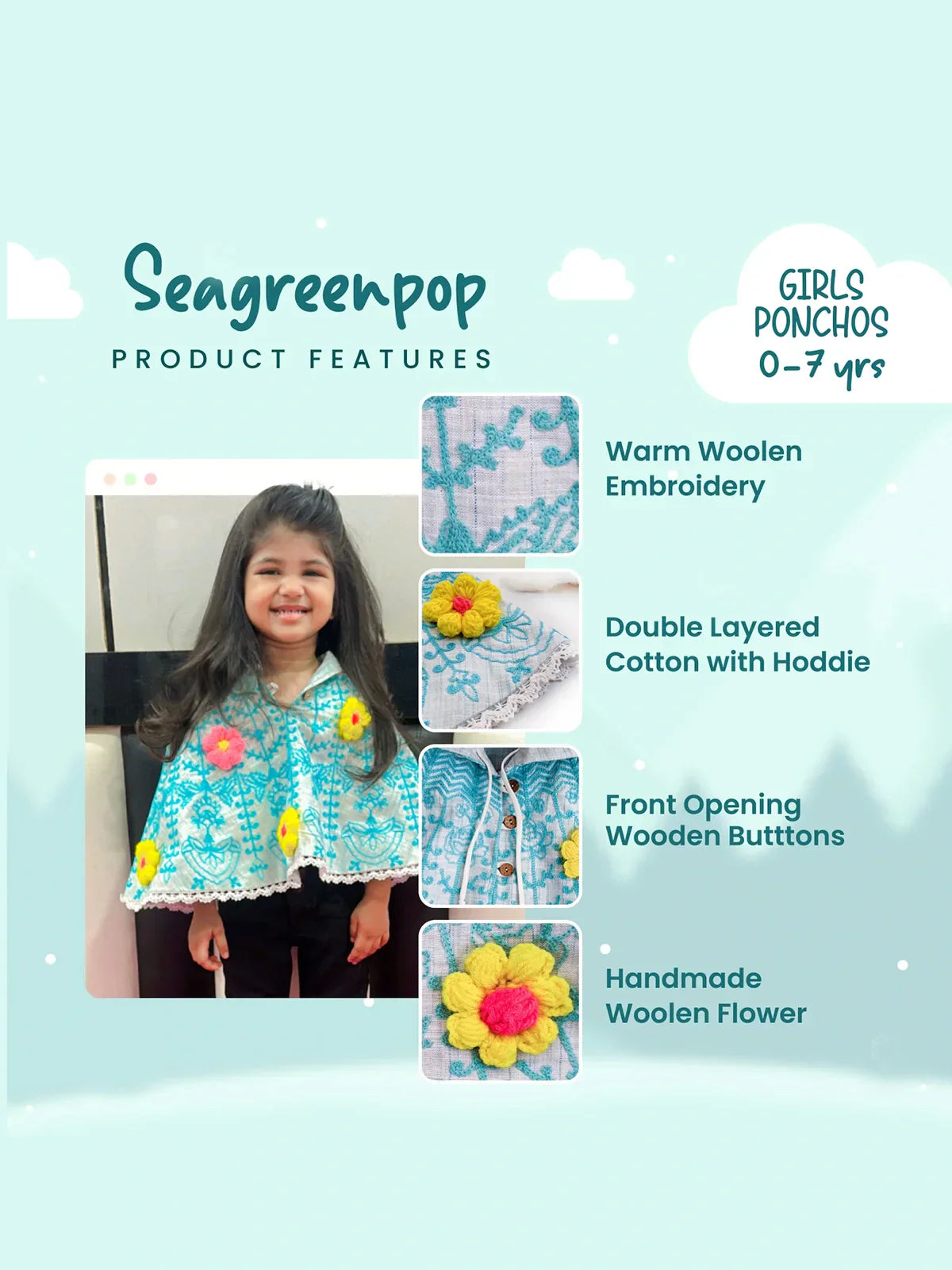 Halemons Sky Spring Woolen Flower Baby Girl Poncho Top
