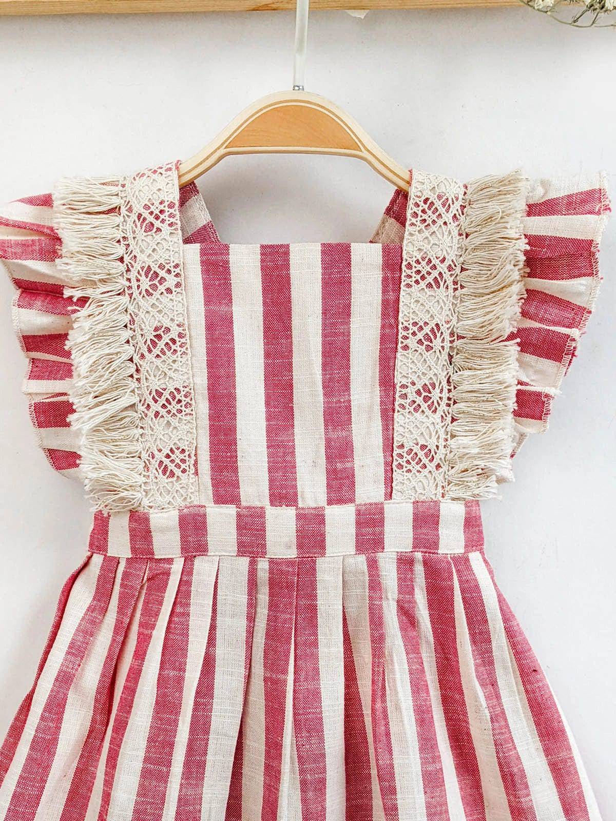 Pink Stripes Baby Frilled Frock With Crochet Lace