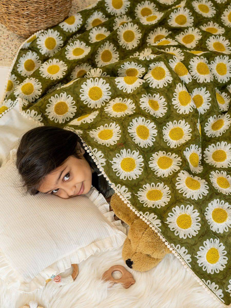Green Woolen Sunflower Reversible Baby Kids Blanket