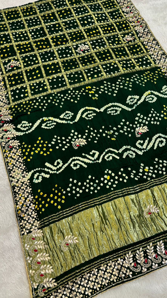 Pure Gaji Silk, Gottapati Handwork Gharchola Saree : Green