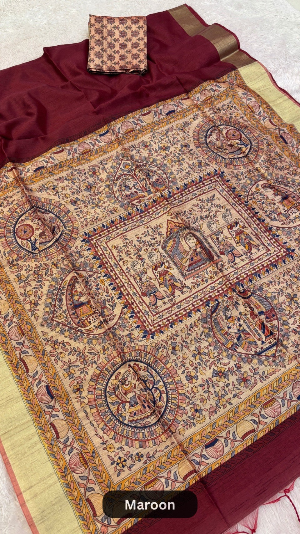 Madhubani Print Tusser Silk Saree