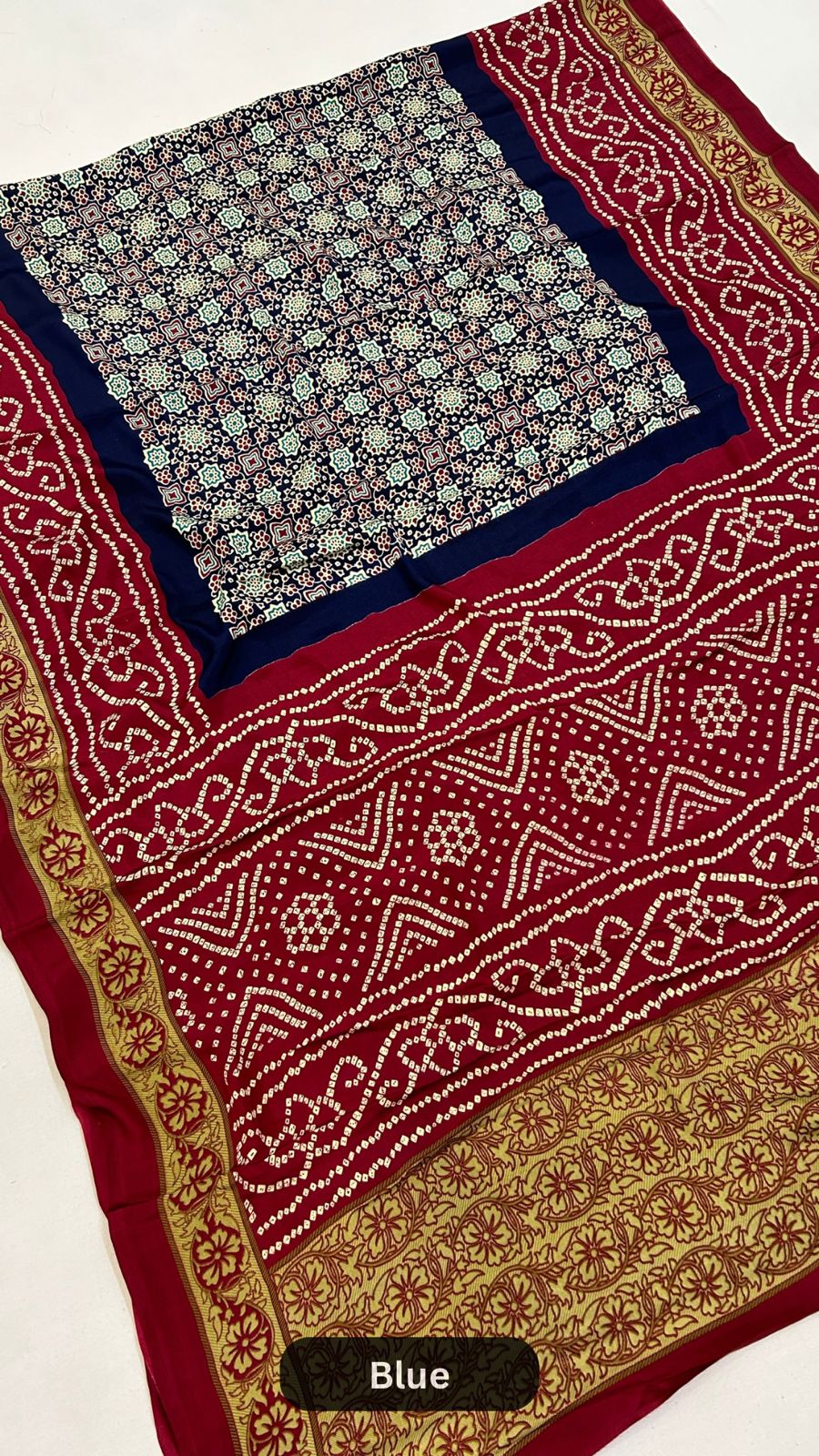 Ajrakh Bandhani Crap Silk Saree