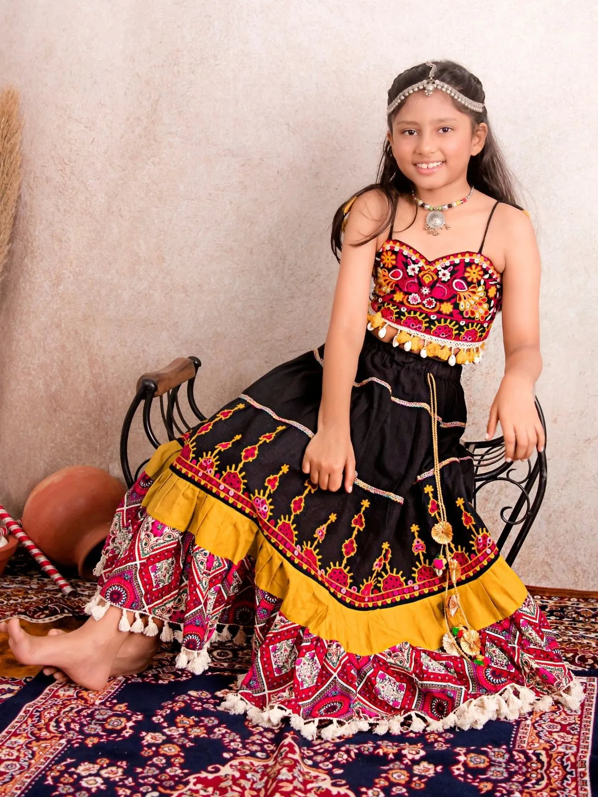 Black Gamthi Traditional Lehenga Choli for Girls