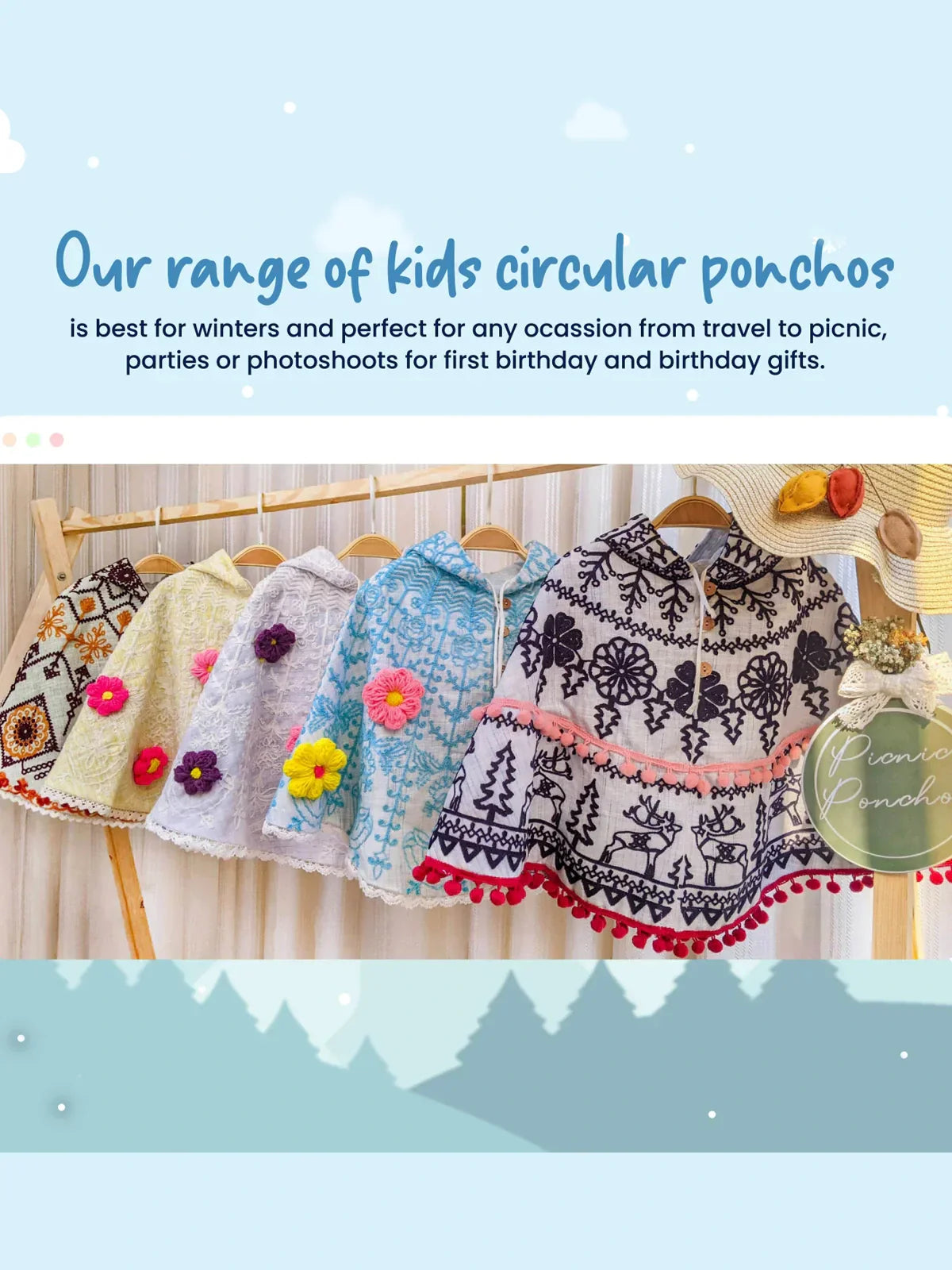 Blue Embroidered Hoodie Party Poncho Top For Baby Girls