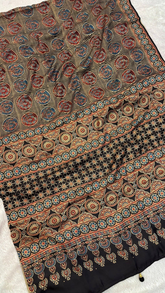 Ajrakh Kutchi Saree with Fancy Tussle (103)
