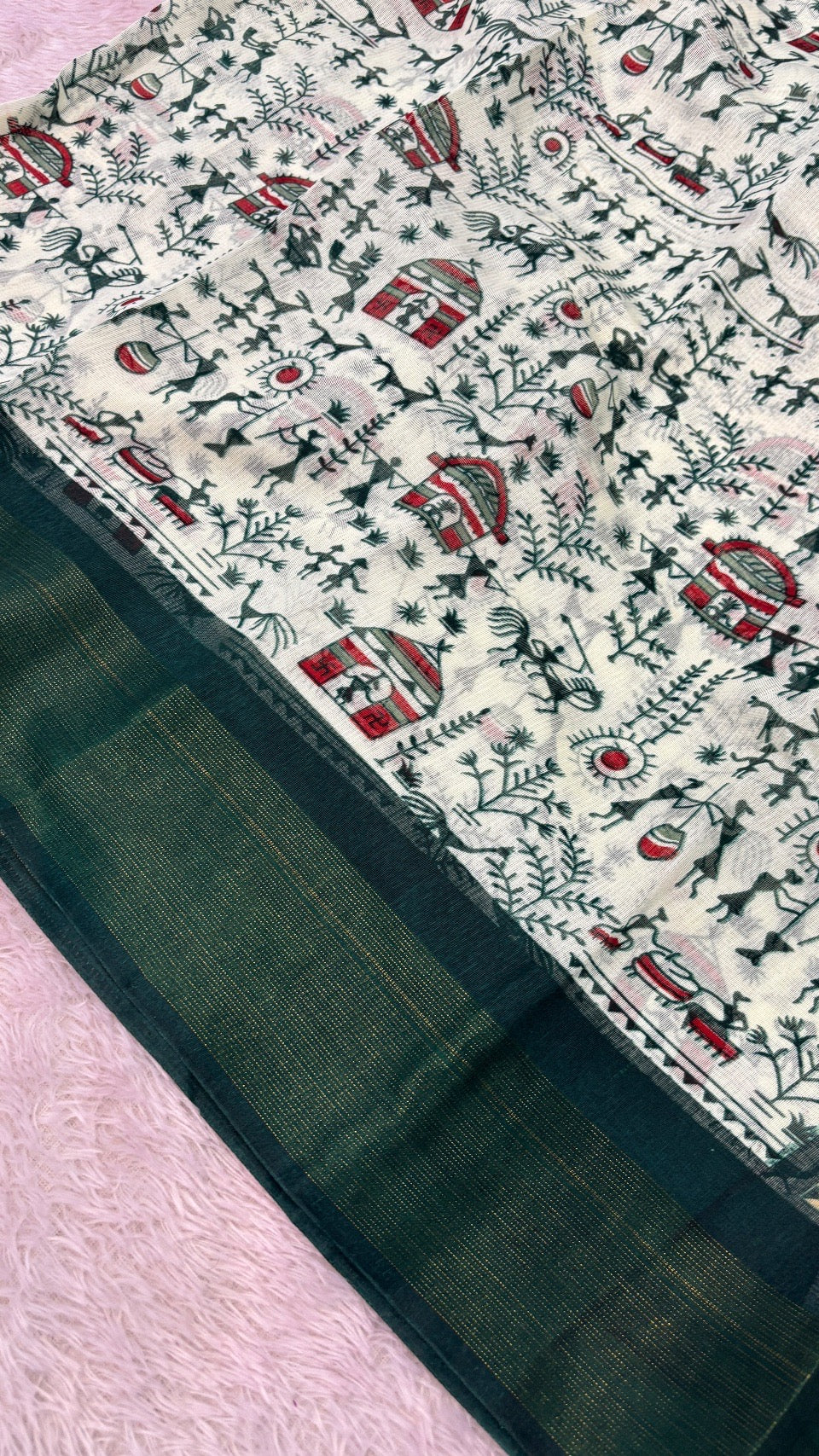 SUMMER SALE Warli Print Cotten Saree (Green)