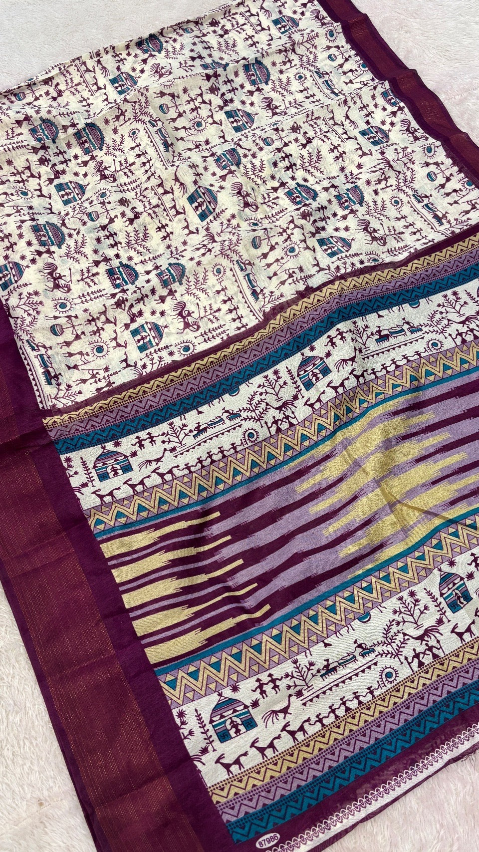 SUMMER SALE Warli Print Cotten Saree (Wine)