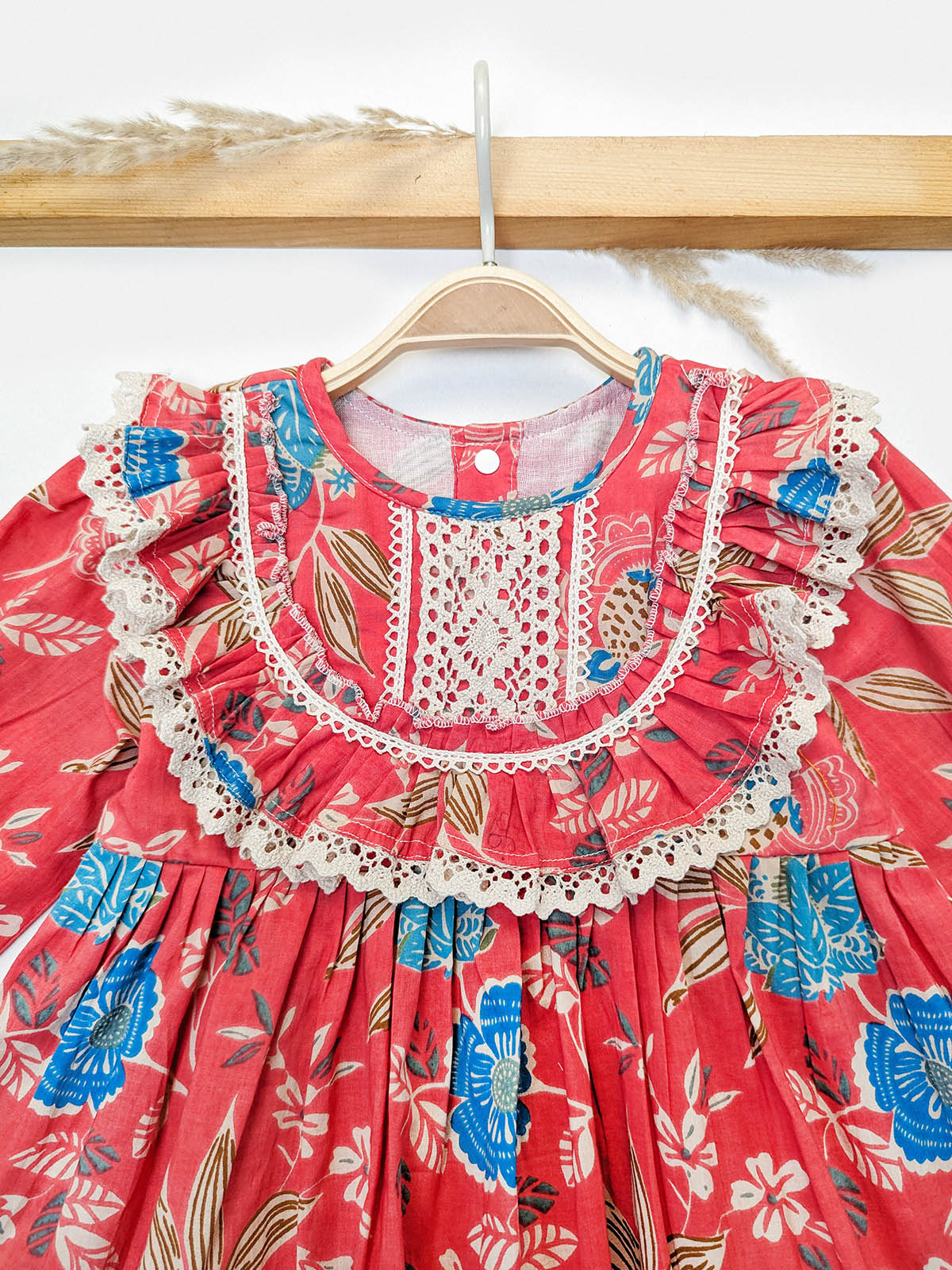 Halemons Baby Girl Cotton Full Sleeves Pleated Neckline Dress-Red