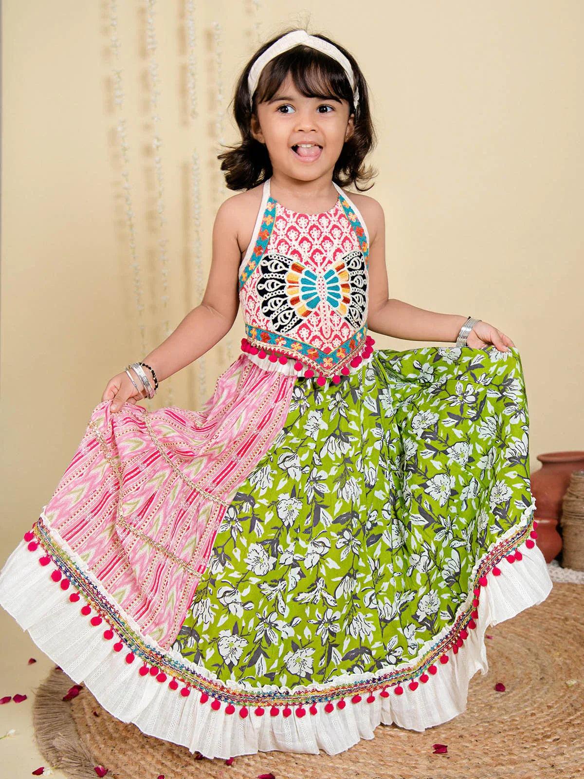 Girlish Pink Butterfly Flairy Lehenga Choli for Girls