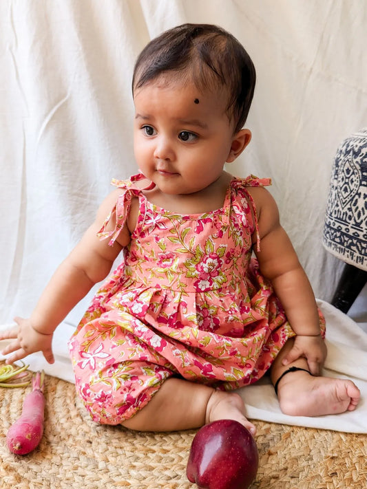 Halemons Baby Girl Pure Cotton Floral Easy to Wear Romper- Peach