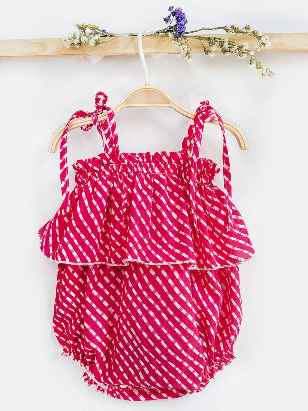 Halemons Pink Striped Frilled Bodice Romper, Elasticated Chest & Diaper Buttons - Pink