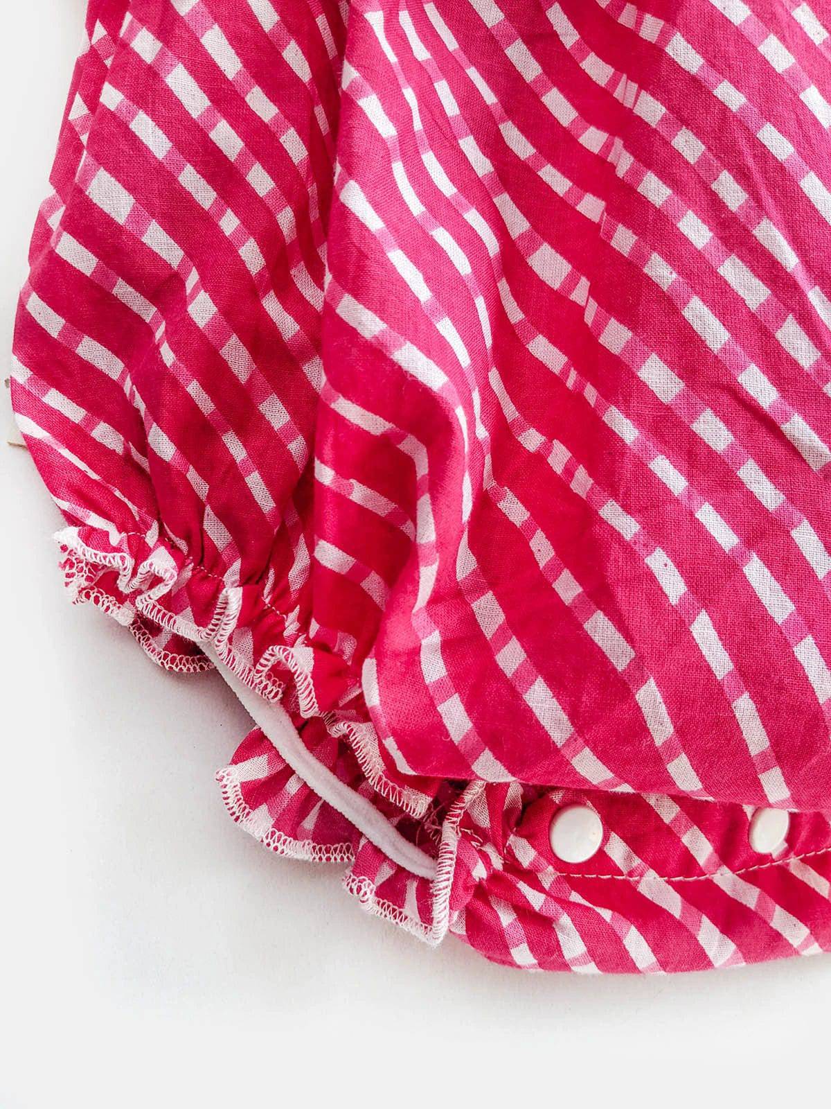 Halemons Pink Striped Frilled Bodice Romper, Elasticated Chest & Diaper Buttons - Pink