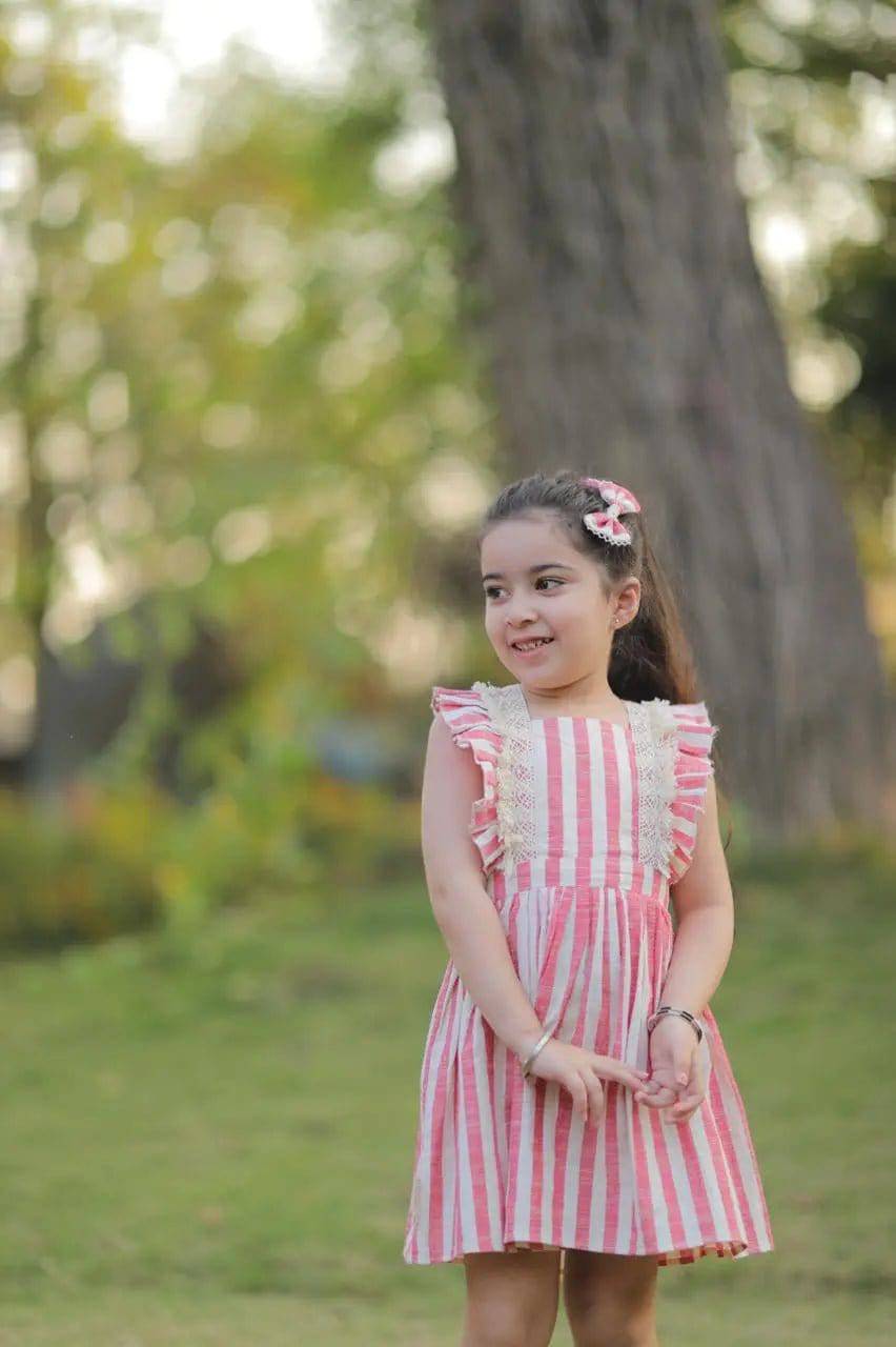 Pink Stripes Baby Frilled Frock With Crochet Lace