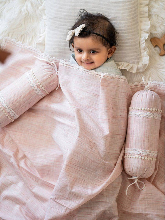 Washed Organic Cotton Newborn Baby Peach Blanket and Bolster Set