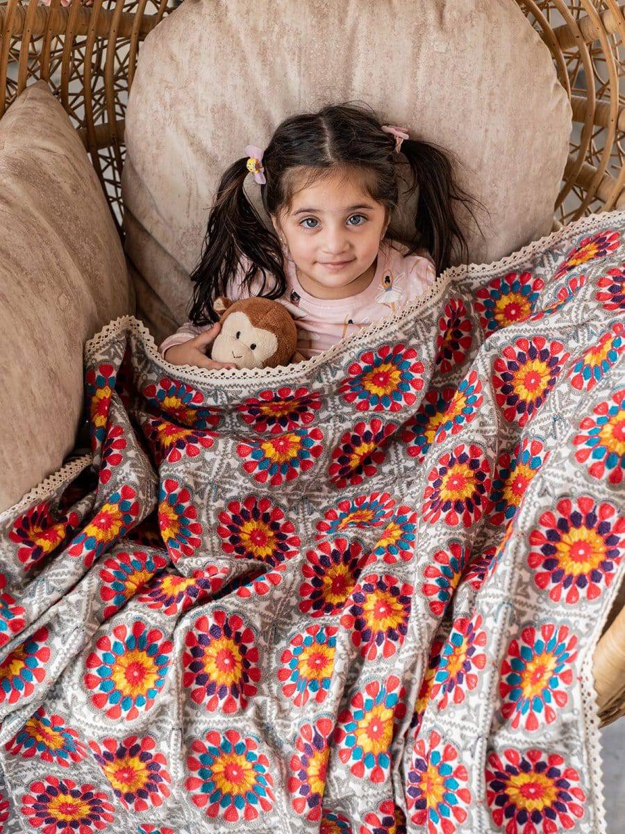 Crochette Pattern Embroidered Reversible Unisex Baby Kids Blanket